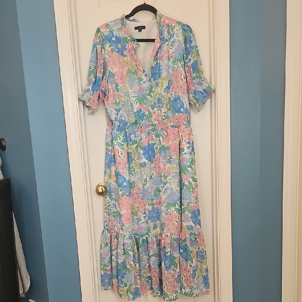 J. Crew Floral Print Midi Dress in Pink and Blue